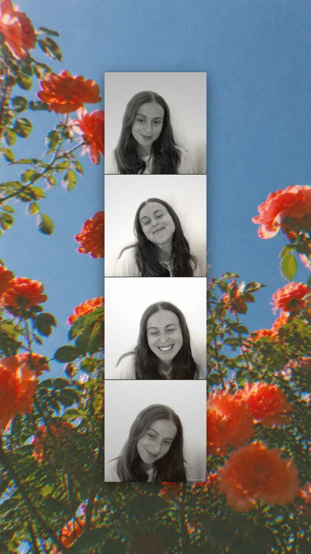Photo booth strip of Naomi over a floral background