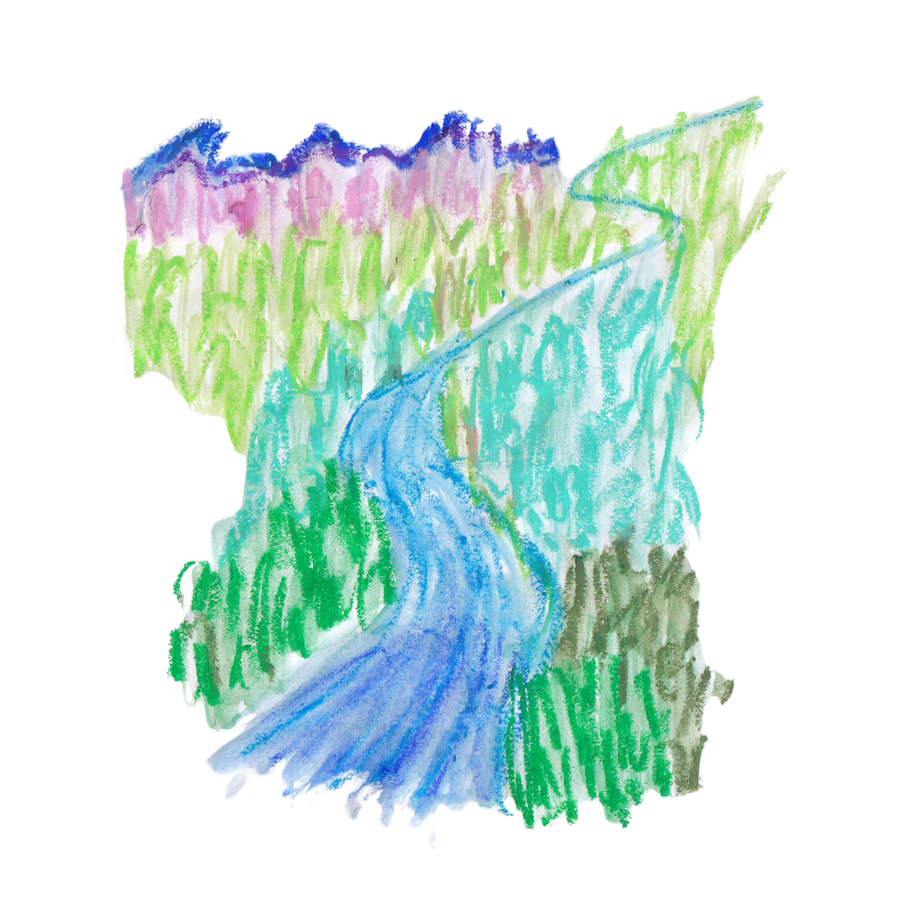 Hand-drawn sketch of a river through a meadow