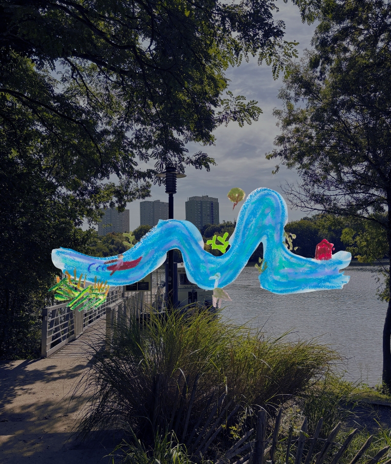 Rhythms of the River — site photo with hand-drawn sketch overlay