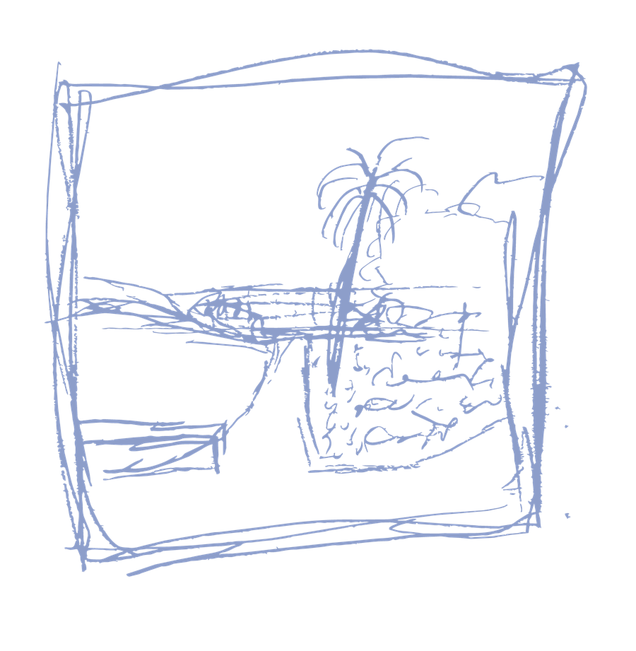 Hand-drawn sketch of the beach and palm tree at the site